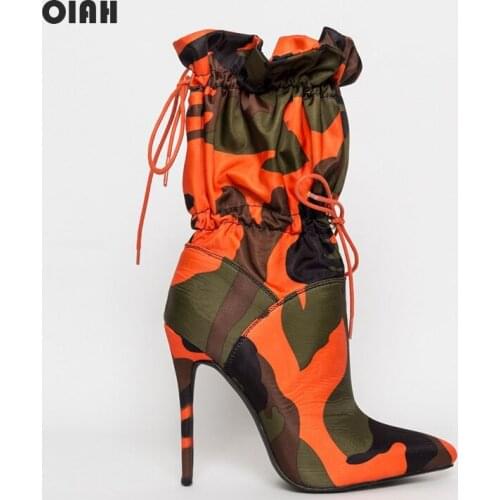 2020 Autumn Winter Women Boots Lycra Fabric Toggle Laces Pointed Toe Boots Fashion Ankle Boots Stiletto Heel Shoes Woman Sapatos