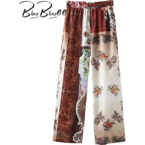 BlingBlingee Random Printed Summer Women Casual Beach Long Trousers Hip Pockets Elastic High Waist Loose Straight Pants Female