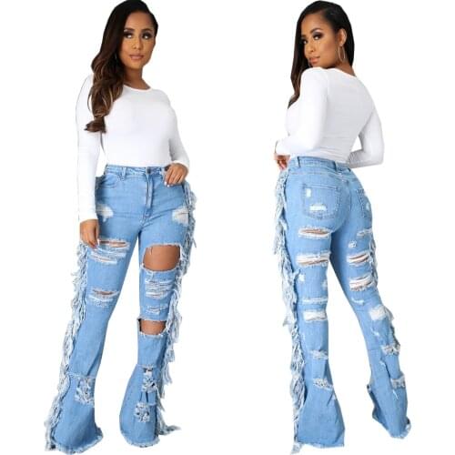 Hollow Out Ripped Jeans for Women Sexy Hole Tassels Denim Pants Plus Size Pocket Flare Bell Bottom Trousers Streetwear