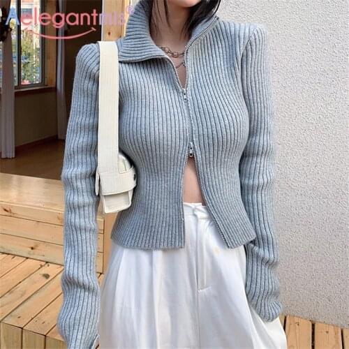 Aelegantmis Korean Zipper Turtleneck Sweater Women Loose Sexy Cropped Pullovers Female Knited High Quality Short Jumpers Zip New