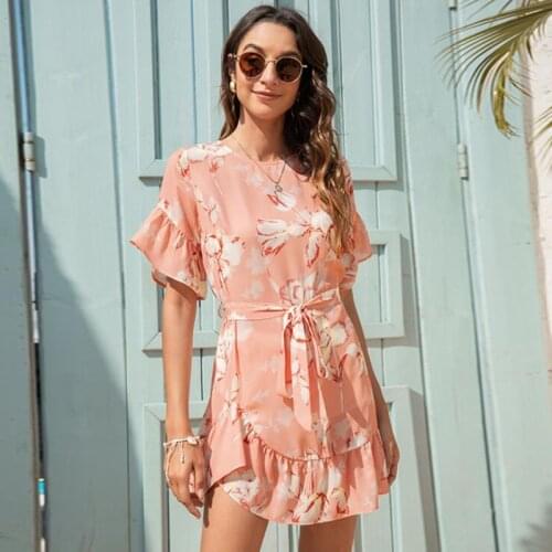 Women Summer Dress 2021 Casual O Neck Floral Print Beach Holiday Dresses Ruffle Short Sleeve A Line Mini Dress Linen Sundress