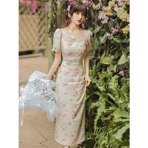 Summer New Womens Retro Print Slim Slimming Puff Sleeve Dress French Romantic Literary Girl Style Long Cotton And Linen Dress