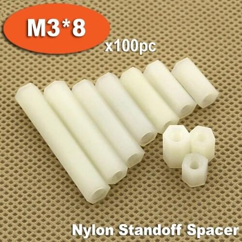 100pcs M3 x 8mm White Plastic Nylon Hexagon Hex Female Thread Nuts Standoff Spacer Pillars