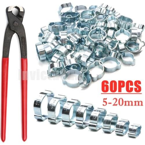 60PCS 5-20mm Hose Clamp Double Ears Clamp Worm Drive Fuel Water Hose Pipe Clamps Clips+1PC Plier