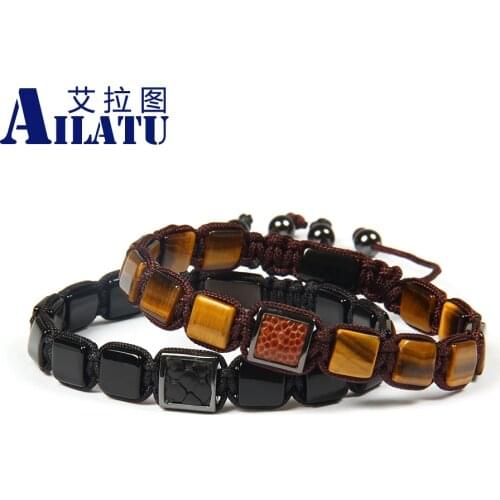 Ailatu Wholesale 10pcs/lot Natural Black Onyx & Tiger Eye Square Stone with Genuine Python Leather Square Macrame Bracelet