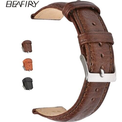BEAFIRY 18mm 20mm Watch Band Litchi Pattern Genuine Leather Watch Straps Watchbands Accessories Black Dark Brown Light Brown