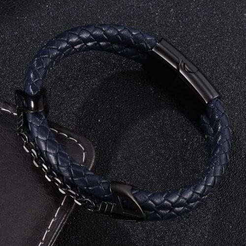 Double 6MM Dark Blue Braided Leather Bracelet Men Stainless Steel Magnetic Buckle Women Bangle Christmas Gift
