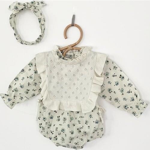 Blue Floral Girls Lace Romper +Bibs+Headwear Spring Fall Long Sleeve Infant Bodysuit for Toddler Girls Clothing Children Set