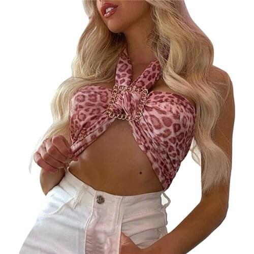 Women Halter Crop Tank Tops, Sexy Sleeveless Leopard Print Ring Front Slim Fit Camisole