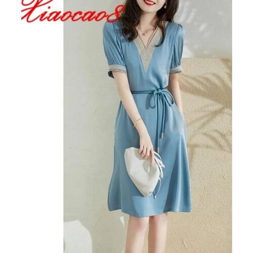 Summer Oversize Chiffon V Neck Short Sleeve Dress With Sashes 2021 Fashion Elegant OL Style Dresses For Women Plus Size Clothing