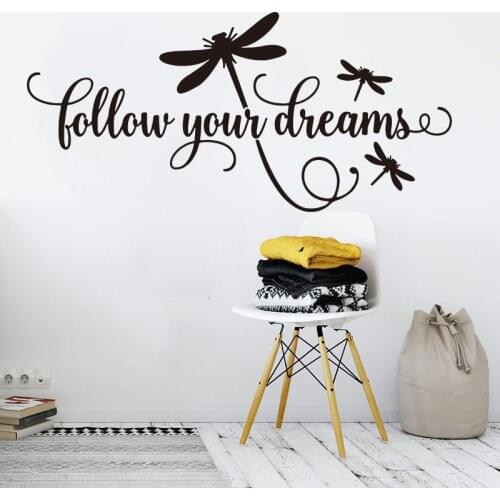 Cartoon Follow Your Dreams Decal Dragonfly Wall Sticker Girl Room Kids Room Dreams Family Quote Wall Decal Playroom Vinyl Decor