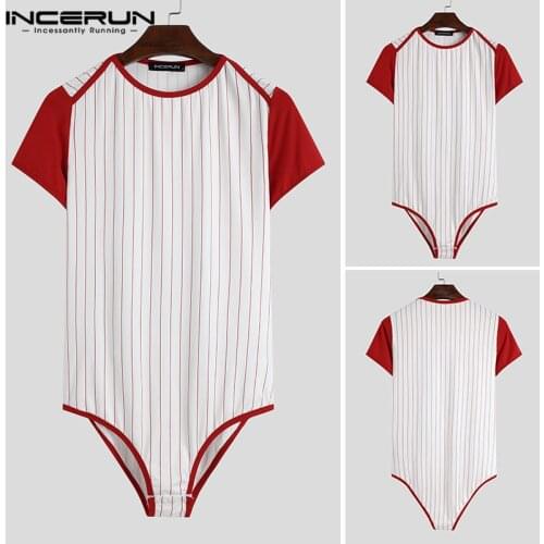 Mens Patchwork Romper Tops INCERUN 2021 Fashion Striped Bodysuit T-Shirts Male Short Sleeve Round Neck Jumpsuit Camisetas S-5XL