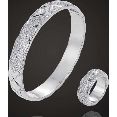 Zlxgirl jewelry luxury Europe Brand cubic zircon Bangle & Rings Sets For Wedding bridal accessories metal copper bangle ring set