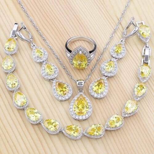 925 Silver Bridal Jewelry Sets For Women Yellow CZ Water Drop Womens Earrings Pendant Necklace Bracelet Ring