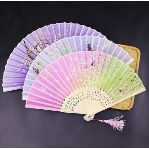 Ew Bamboo Folding Fan Chinese Style Silk Fan Summer Portable Woman Dance Fan Antique Hand Fan Durable Household Home Decoration