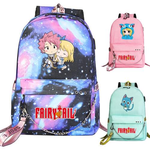 New Anime Fairy Tail Prints Backpack Boys Girls Kids School Bag Bookbag Women USB Chain Travel Shoulder Bags Men Bagpack