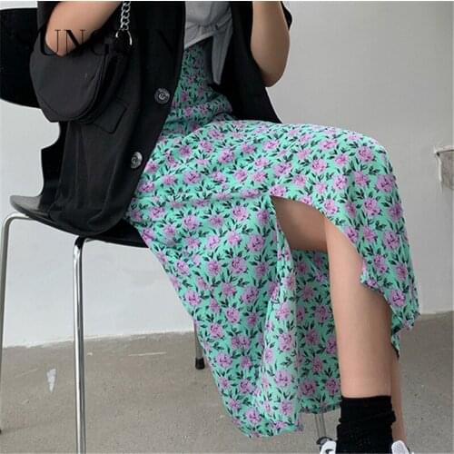 Sungtin Split Up Vintage Floral Print Midi Skirt Women Korean Elegant Kawaii Female Flower Skirt A Line Streetwear Midi Skirt
