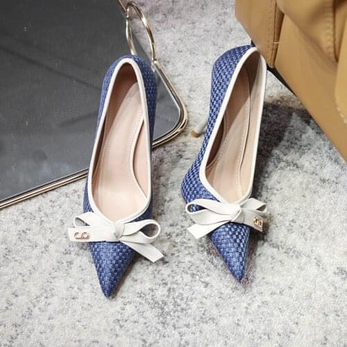 Bowknot pointed toe stiletto single shoes womens autumn 2021 new all-match color matching banquet dress shallow mouth work shoe