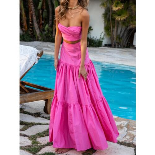 Strapless Crop Tops And A Line High Waist Skirt for Women Summer Wear Ruffled Pleated Sleeveless