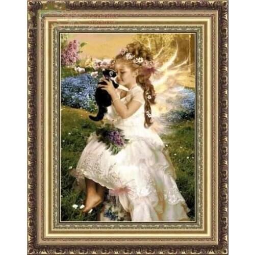 Embroidery Needlework Crafts 14CT Unprinted DIY Quality Cross Stitch Kits Handmade Animal Cute Arts Girl Holding a Cat Decor