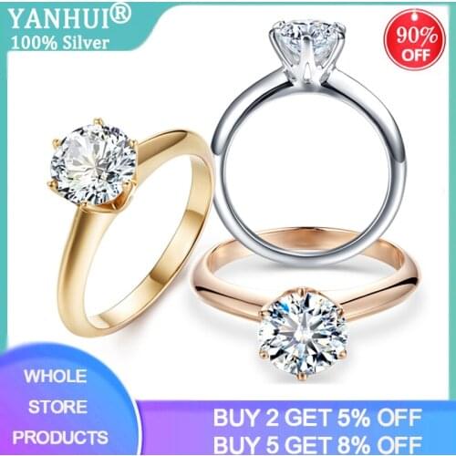YANHUI Brand Classic Pure Solid White/Yellow/Rose Gold Ring Original 8mm 2.0ct Zirconia Diamond Wedding Band Rings For Women