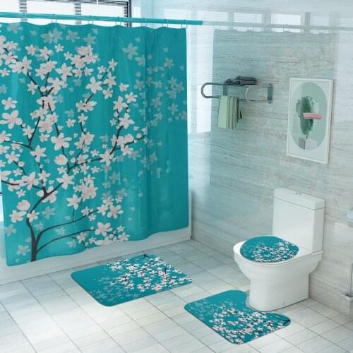 Floral Flower Shower Curtain 3d Bath Mat Set with Hooks Toilet Foot Pad Bath Mat Waterproof Bath Rugs Anti Skid Bathroom Carpet