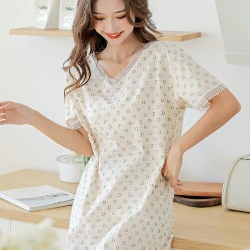 Mid-Length Hot Night Dress Women Nighty Pure Cotton 2021 New Female Nightdress Summer Short Sleeve Print Thin Nightgown