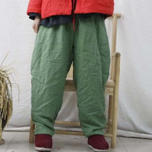 Johnature Women Vintage Linen Straight Pants Thick Solid Color Trouser 2021 Winter New Elastic Waist Female Clothes Long Pants