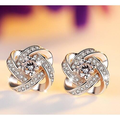 Fashion classical clover zircon diamonds gemstones stud earrings for women white gold silver color jewelry argent bijoux gifts