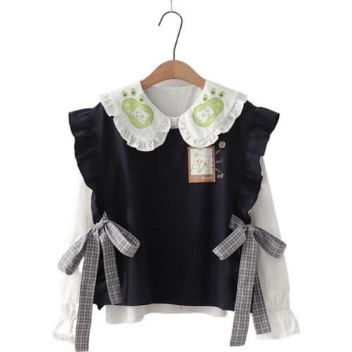 Womens Sets Japanese New Style Avocado Print White Peter pan Collar Shirt + Vest Suit 2020 Sweet Female Two Piece Sets