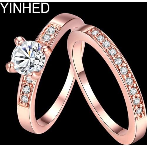 YINHED Two Band 1 Carat Zirconia CZ Zircon Engagement Ring Set for Women Rose Gold Color Wedding Rings Jewelry Gift ZR192