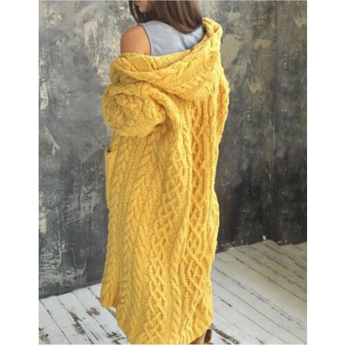 Womens Solid Color Long-sleeved Woven Knitted Cardigan Hooded Sweater Coat Coat Loose Ladies Sweater Coat Large Size
