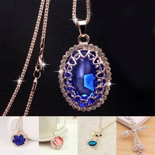 Fashion Women Sweater Chain Necklace & Pendant Rhinestones Crystal Rose Flower Statement Necklace Jewelry Clothing Accessories