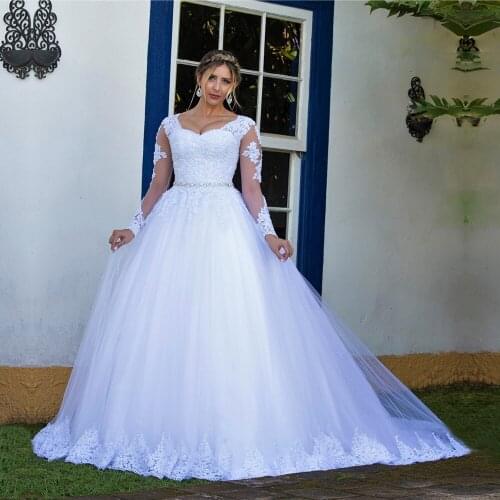 H245 Vestido De Fiesta De Boda Beaded Waist Wedding Dresses Long Sleeves Bridal Gowns Custom Made Plus Size Robe De Marriage