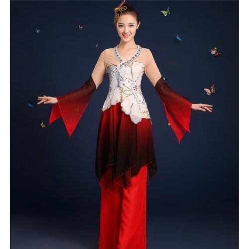 0153) woman Chinese umbrella fan poetic classical Folk dance costumes sequins ink peony Embroidery Hanfu yangko dance clothing