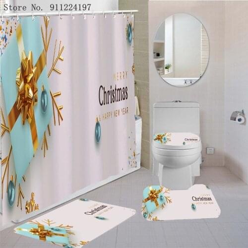 3D Golden Bow Print Shower Curtain Gift Box Floor Mat U Shape Mat Toilet Lid Cover Waterproof Bathroom Rugs Christmas Gifts