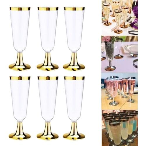 6Pcs/set Fashion Party Champagne Cups Disposable Plastic Crystal Clear Glasses Edge Piping Flutes Party Drinking Supplies 5.5Oz