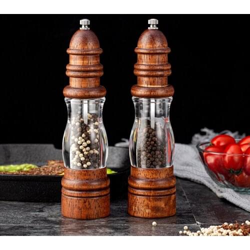 Acrylic Bottle Hand Ceramic Wood Pepper Mills Salt And Pepper Grinder Movement Oak Wood Kitchen cooking tools set 1