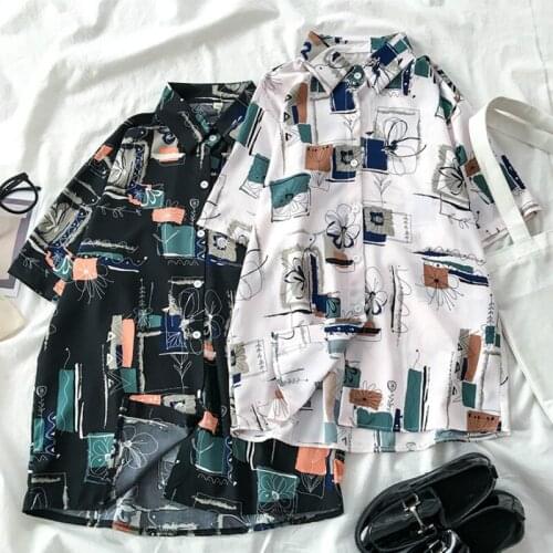 Turn Down Collar Retro Print Short Sleeve Blouse Single Breasted Loose 2021 Spring Summer New Blusas Casual Pink Shirt Female