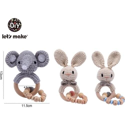 Lets Make 1PC Customizable Name Baby Toys Wooden Rattle Crochet Animals Baby Teether Wooden Toys Baby Gift Elephant Rabbit