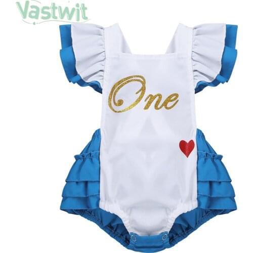 Newborn Baby Girls Clothing Flutter Sleeves Letters Rompers Baby Girl One Year 1st Birthday Clothes Babies Jumpsuit for Bebes