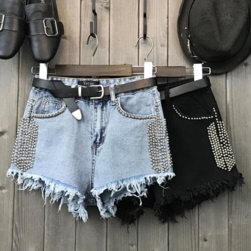 Rivet beading denim shorts female high waist flash denim shorts summer new Korean version was thin hot shorts wq1426 dropship