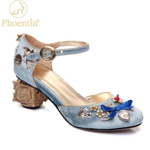 Phoentin blue velvet mary jane shoes flowers heart-shaped decoration strange metal heels butterfly knot buckle pumps shoes FT268