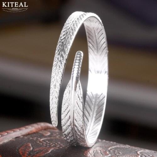 Kiteal New fashionUnique Women bangle 925 jewelry Silver Leaf Bangles Open Cuff Bracelets & Bangles Jewelry pulseras S-B13