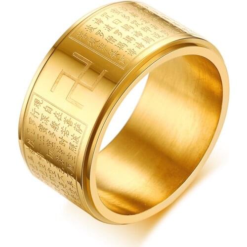 Classic Titanium Steel Rings for Men Jewelry Gold-color Mantra Religious Chinese Buddhism Mantra Rotatable Support Engraving