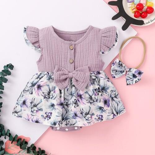 Newborn Baby Girls Summer Lovely Romper Dress 2Pcs Sets Knitted Fly Sleeve Bowknot Romper+Headband Infant Cotton Clothes