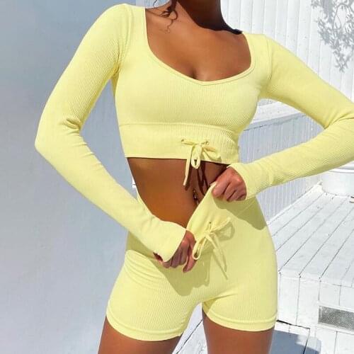 Summer Sexy Women Two Piece Short Set Slim Lace Up Crop Top 2021 Long Sleeve Outfit Sport Casual Fitness Fashion Sexy