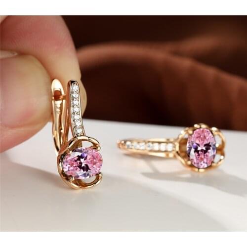 Small Oval Stone Pink Zircon Earrings Multicolor Crystal Hoop Earrings Rose Gold Engagement Earrings For Women Geometric Jewelry