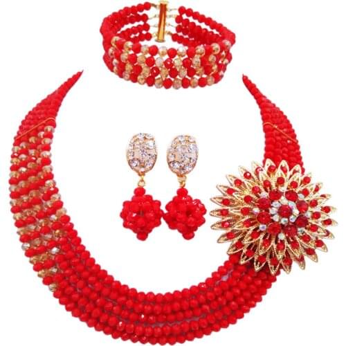 Fashion Opaque Red Gold AB Costume African Beads Jewelry Set Nigerian Wedding Necklace Crystal Bridal Jewelry Sets 5JZ06