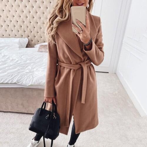 Fashion Fall Women Winter Solid Color Long Sleeve Lapel Woolen Cardigan Warm Midi Trench Coat Casual Simple Classic Windbreaker
